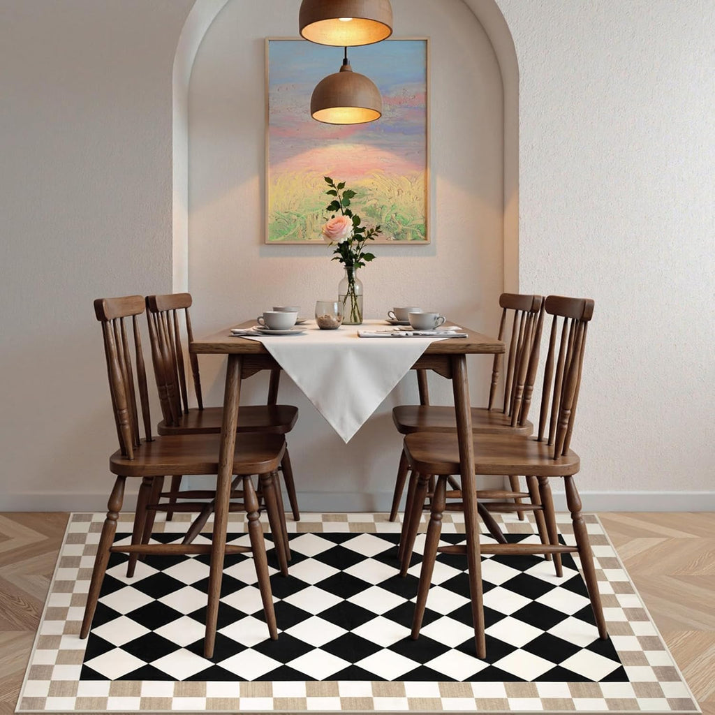 Checkered Rug, Black Washable Bedroom Area Rug Checked Kids Room Rug, Non-Slip Soft Low Pile Stain Resistant
