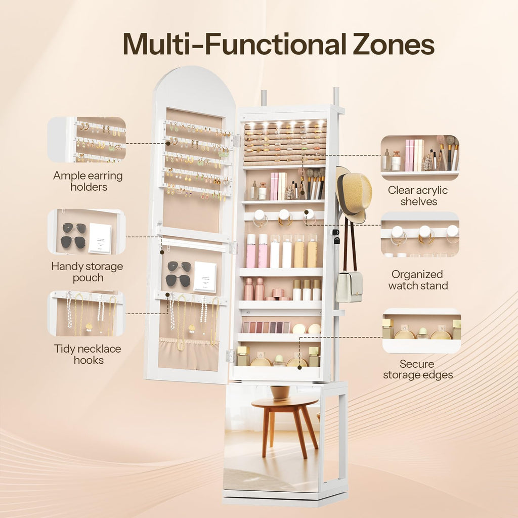 360° Swivel Jewelry Cabinet with LED Lights, Standing Jewelry Organizer with Storage Shelf, Arched Full-Length