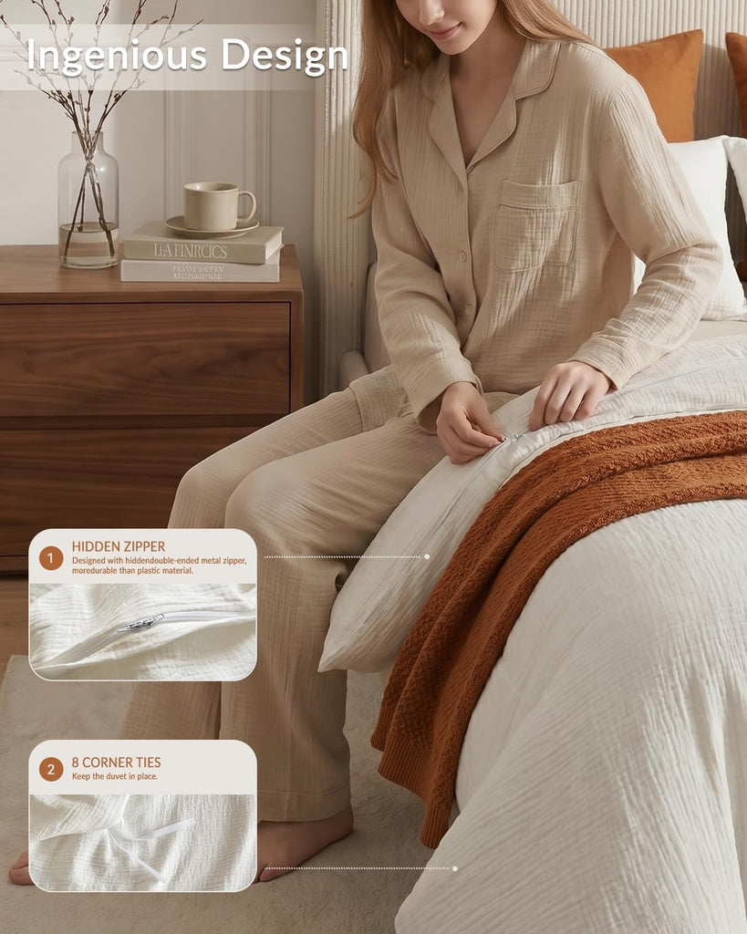 Muslin Duvet Cover Queen, 100% Washed Cotton Duvet Cover Set, Ultra Soft Comforter Cover Linen Like, 3 Pieces
