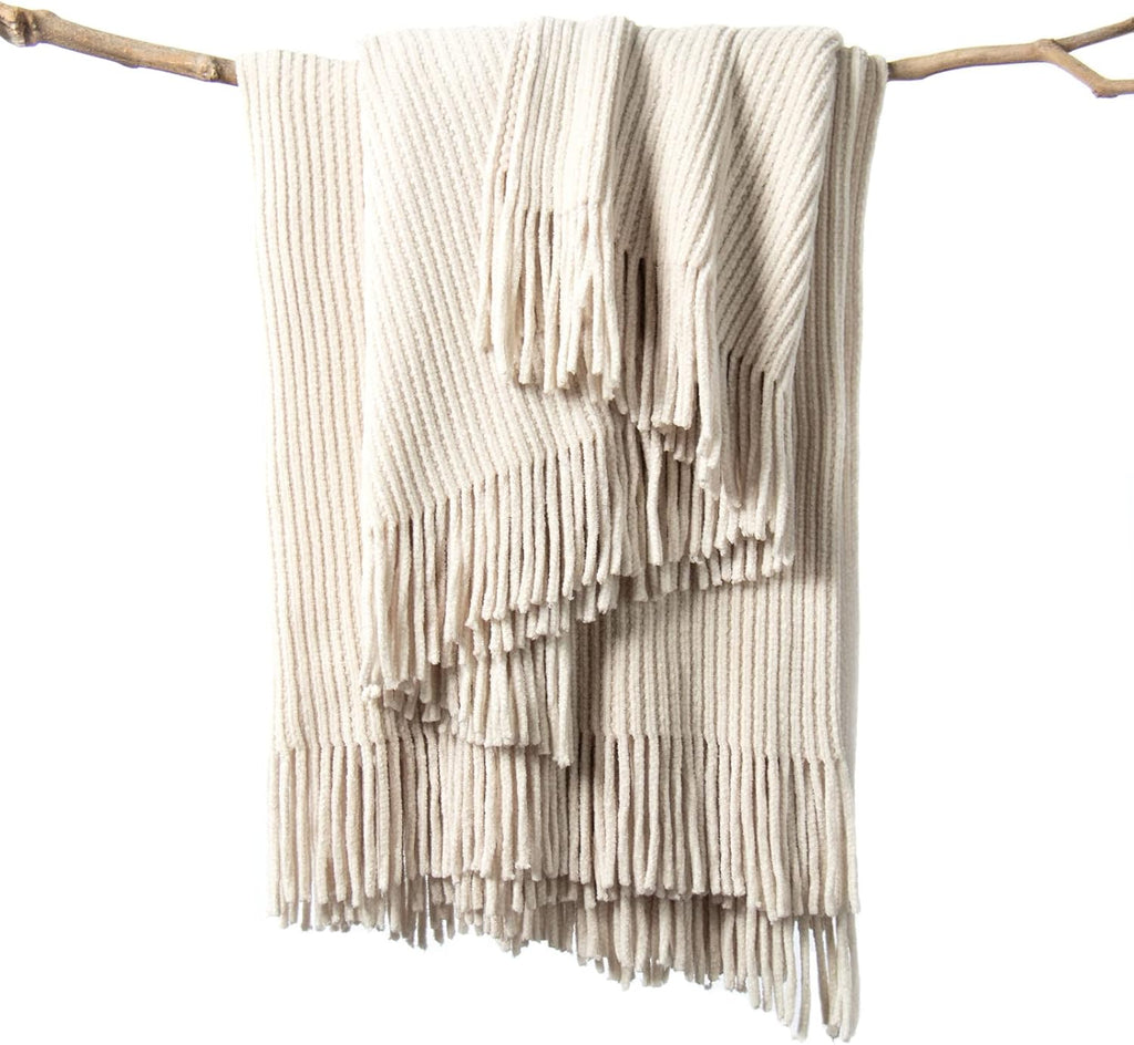 Chenille Throw Blanket 50x60 - Soft Boho Knitted Blanket, Lightweight All Season White/Cream Blanket, Decorative