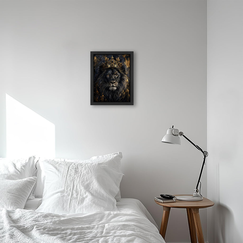 Crowned Lion Decor Wall Art, Black and Gold Animal Picture 16"x20"