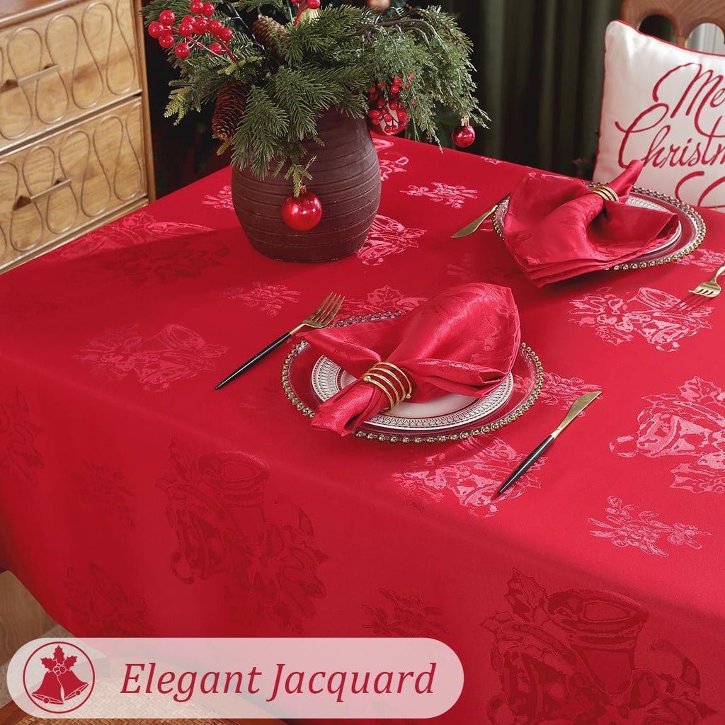 Christmas Tablecloth Jingle Bell Holly Berry Jacquard Washable Stain Resistant Damask Table Cloth, S