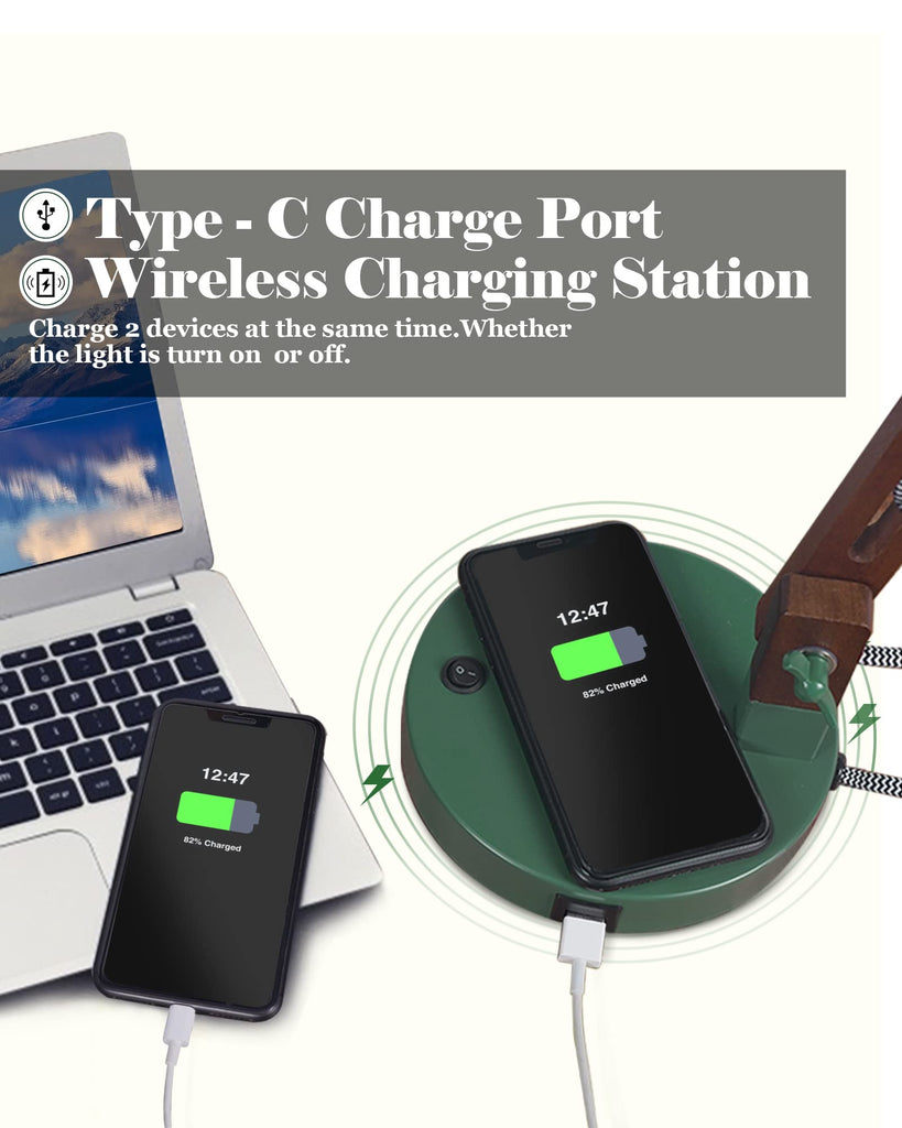 LED Desk Lamp with Wireless Charger, Sapele Wood Reading Light with USB C Charging Port, Swing Arm Table Lamp
