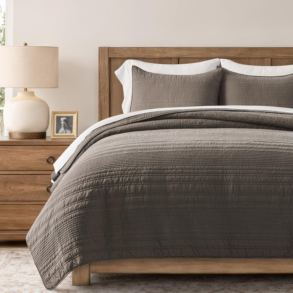 100% Cotton Modern Lines Quilt Set King, Pre-Washed Soft Striped Coverlet Bedspread, 3 Piece Lightweight Bedding Set