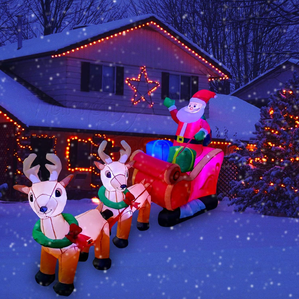 8 Ft LED Inflatable Christmas Reindeer Pull The Sleigh Take Santa Claus Xmas Decoration for Yard Lawn Garden Home