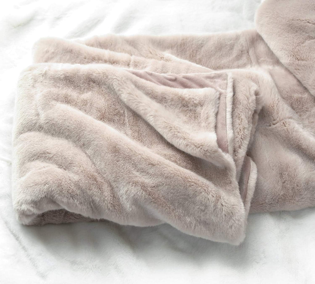 Faux Fur Oversized Throw Blanket with Plush Velvet Reverse, Fox Lynx or Gray Mink (Blush X-Long)