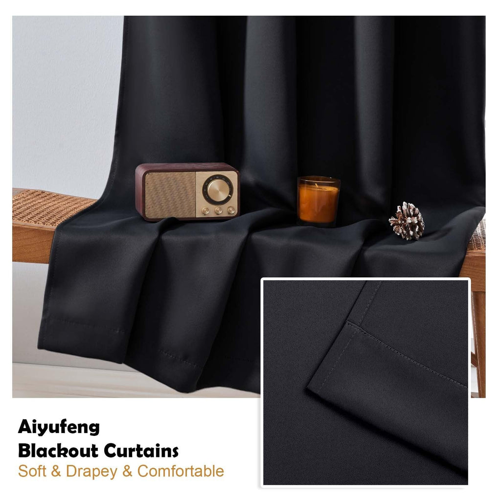Black Blackout Long Curtains 96 Inch Length 2 Panels, Solid Thermal Insulated Energy Saving Living Room Farmhouse