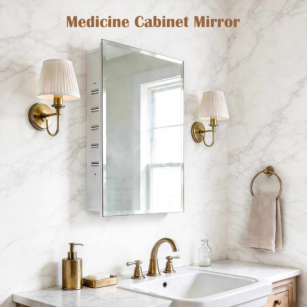 16x26'' Bathroom Medicine Cabinet Mirror with Storage, Surface Mount or Recessed Medicine Cabinet with 4-Tiered