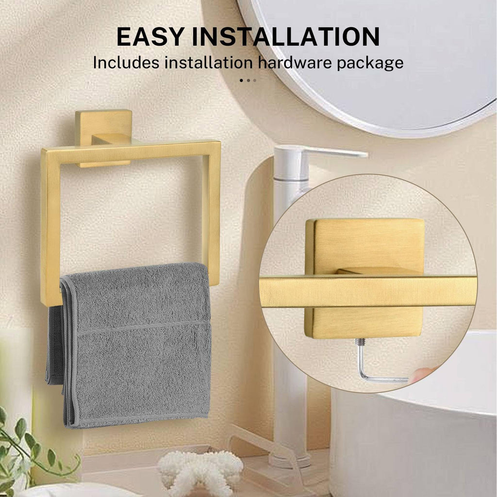 Brushed Gold Towel Ring, Square Hand Towel Holder, Towel Hanger, Bathroom Hardware Accessories, Stainless Steel