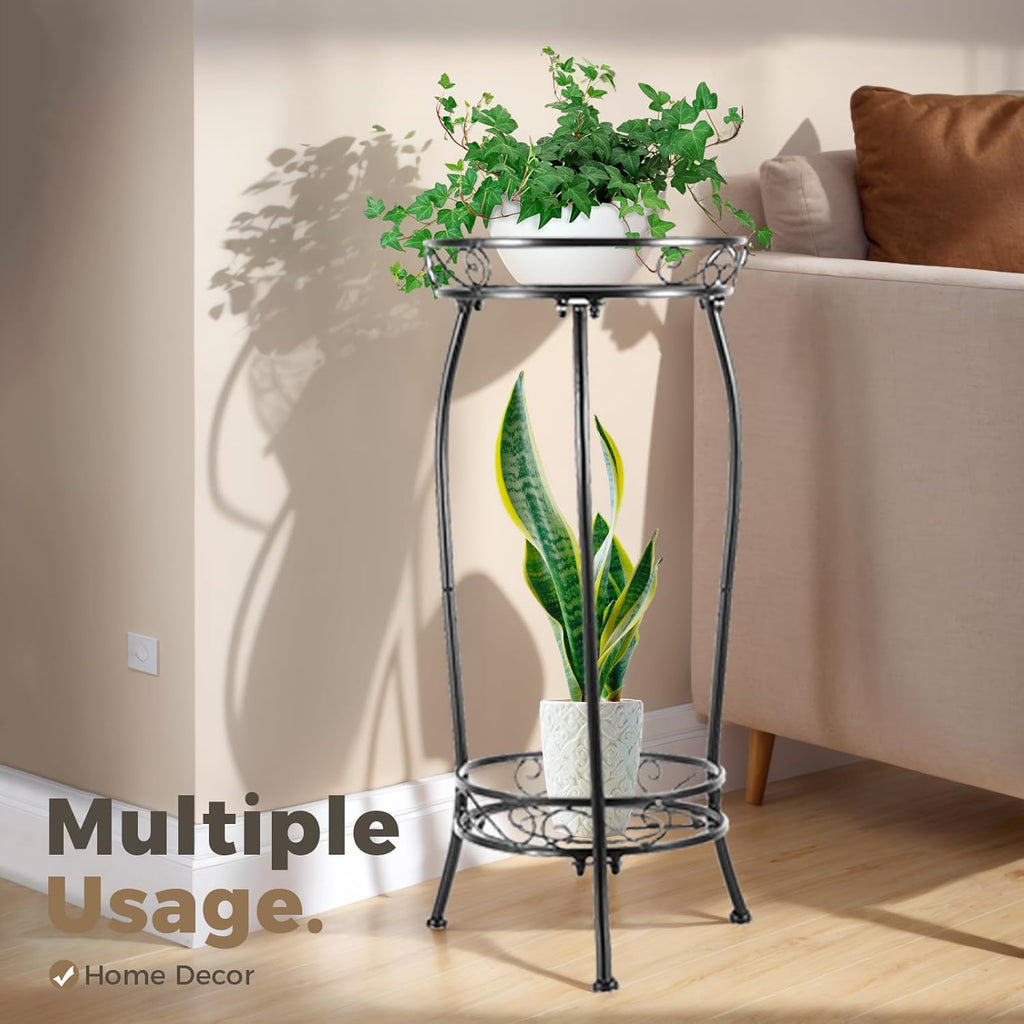 Plant Stand Indoor Outdoor, Tall Black Metal, 2 Tier 27.1 Inch | Rustproof Metal, Stable 3-Leg Base, Heavy Duty 100