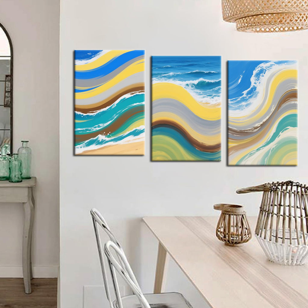 3 Piece Blue Wave Canvas Wall Art, Marbled Coastal Office Decor