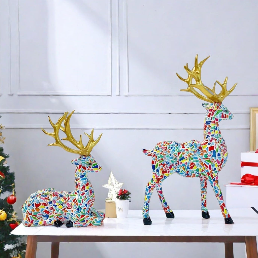 Christmas Reindeer Figurine Set of 2 - 11-inch Reindeer Christmas Party Decorations - Mosaic Painted Luxury Style