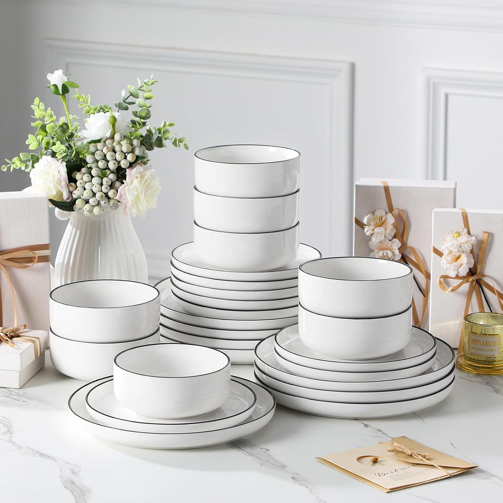 Plates and Bowls Sets, 24 Pieces Modern Porcelain Dinnerware Set for 8 White Kitchen Dinner Dining Ware Set wtih Black