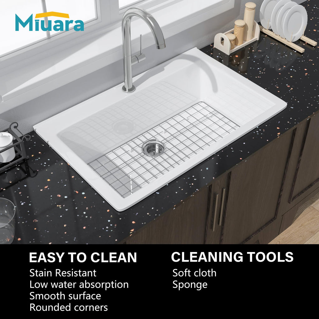 33 x 22 Inch Drop In Large Fireclay Kitchen Sink White 1 Hole