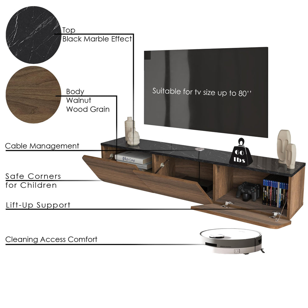 Mobili Floating TV Stand Wall Mounted - Modern Media Console for 65-80 inch TVs Walnut/Black Marble