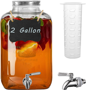 2 Gallon Glass Drink Dispenser with Stainless Steel Spigot,1 Pack Water Lemonade Dispensers for Parties