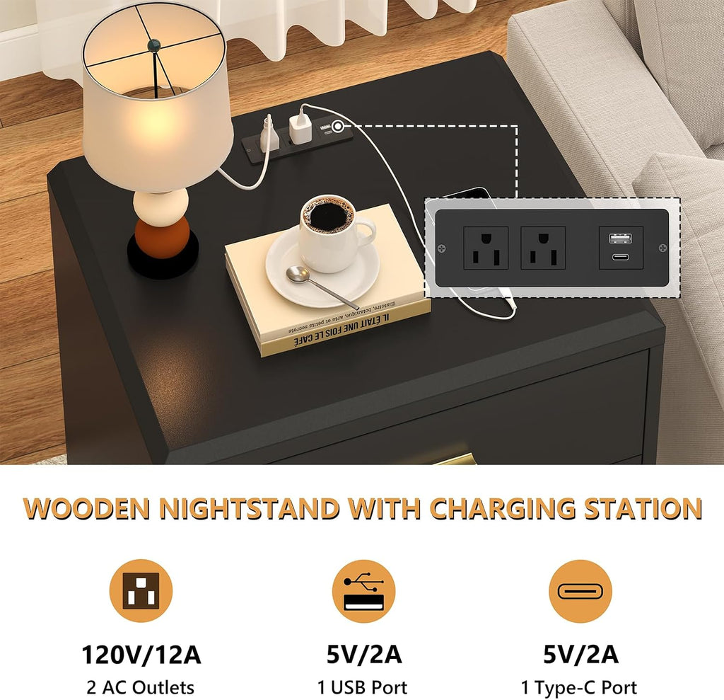 Nightstand with Charging Station, 3 Drawers Bedside Table with Solid Wood Legs, UL Certified Power Outlet End Table