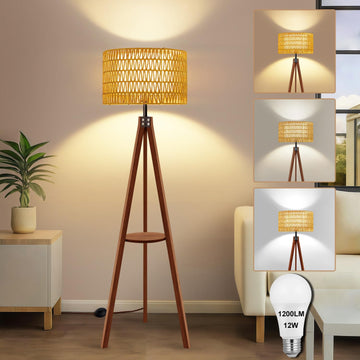 Boho Rattan Floor Lamp with Shelf & Bulb Included, Wicker Tripod Floor Lamp 3 Color Temperatures, Wood Rustic Tall
