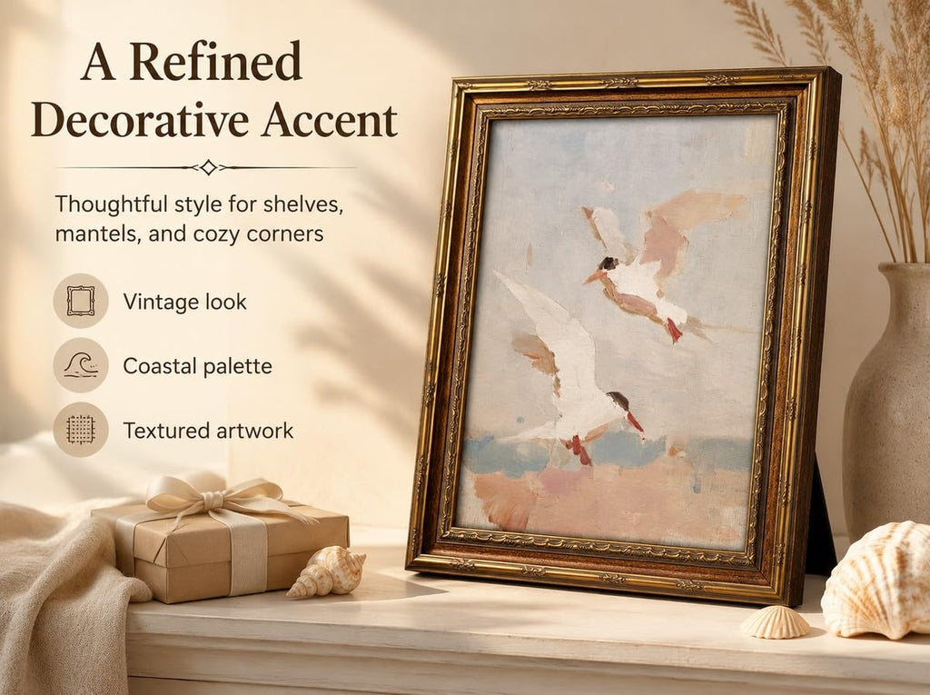 Vintage Coastal Seagulls Framed Wall Art-Beach Flying Birds Canvas Print Antique Nautical Wall Decor for Beach House