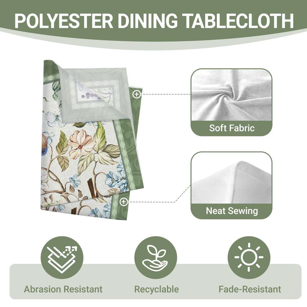 Vintage Floral Birds Green Rectangle Tablecloth 60 x 84 Inches