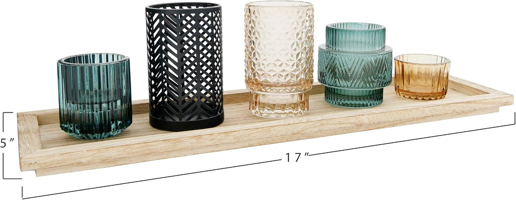 5-Piece Embossed Glass and Metal Tealight Candle Holders in a Wood Tray, Multicolor