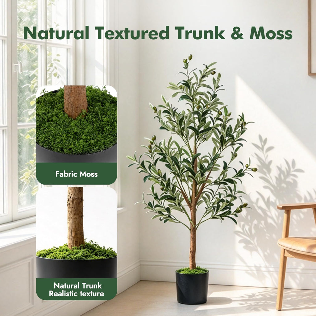 Olive Trees Artificial Indoor: 4FT Faux Olive Tree with White Tall Planter & Moss, Large Fake Plants with Natural