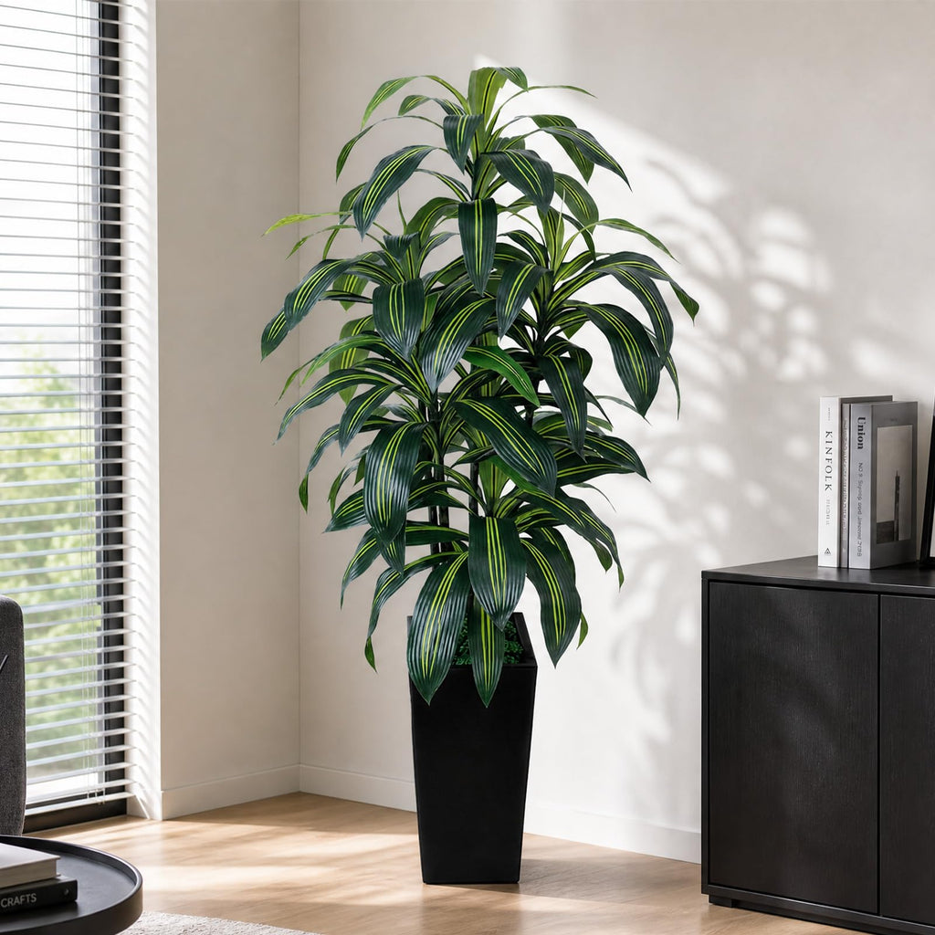 5FT Artificial Dracaena Tree, Fake Tree Indoor with Black Tall Planter, Tall Artificial Plants Indoor, Artificial Silk