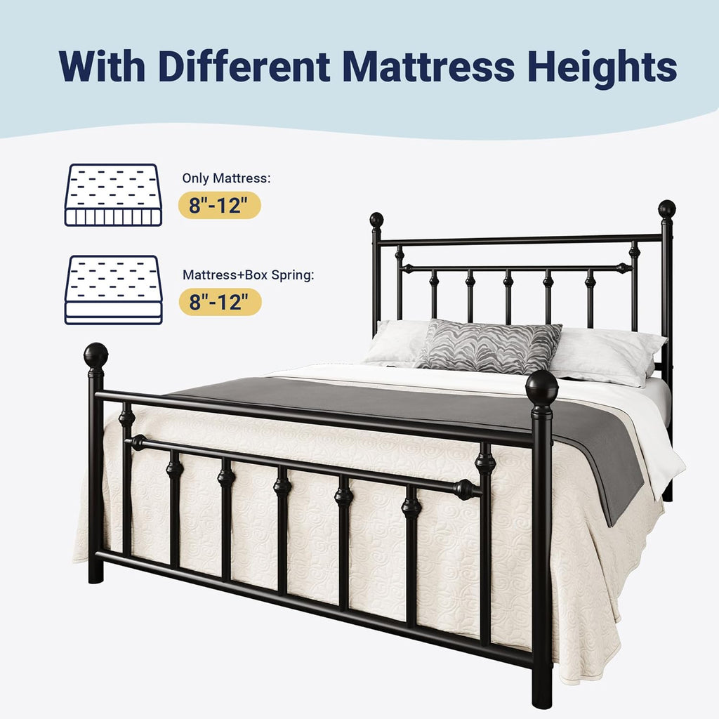 14 Inch Queen Metal Platform Bed Frame with Victorian Vintage Headboard and Footboard/Mattress Foundation/Under Bed