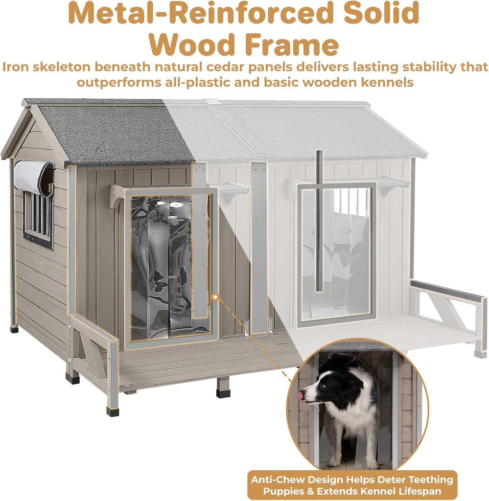 Dog House Outdoor Double Room Cedar Wood with Porch for 2 Dogs