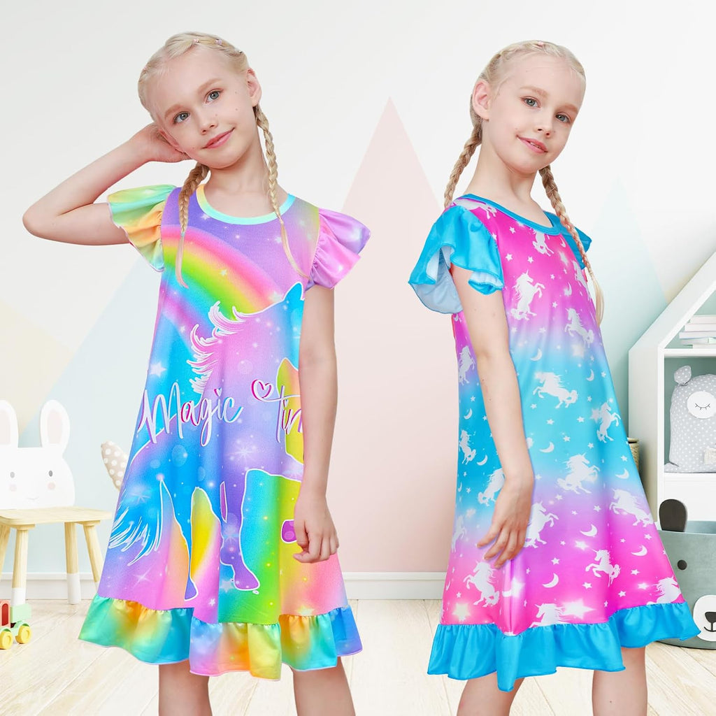 2Pcs Girls Nightgowns Unicorn Sleepwear Night Sleep Dress Pajamas Little Kids Toddler Soft Nightgown