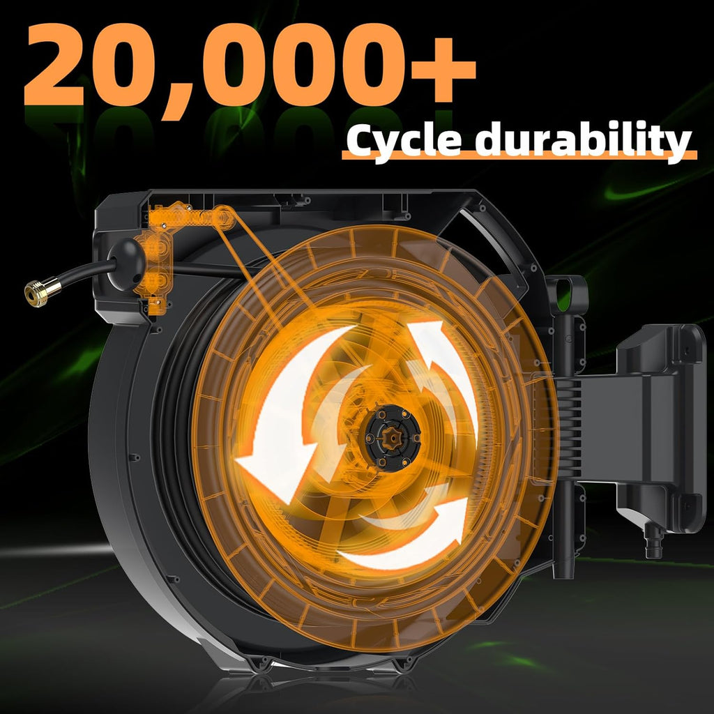 Retractable Garden Hose Reel 5/8 in x100 ft, Wall Mounted Hose Reel | 10- Function Sprayer, Any Length Lock,Automatic