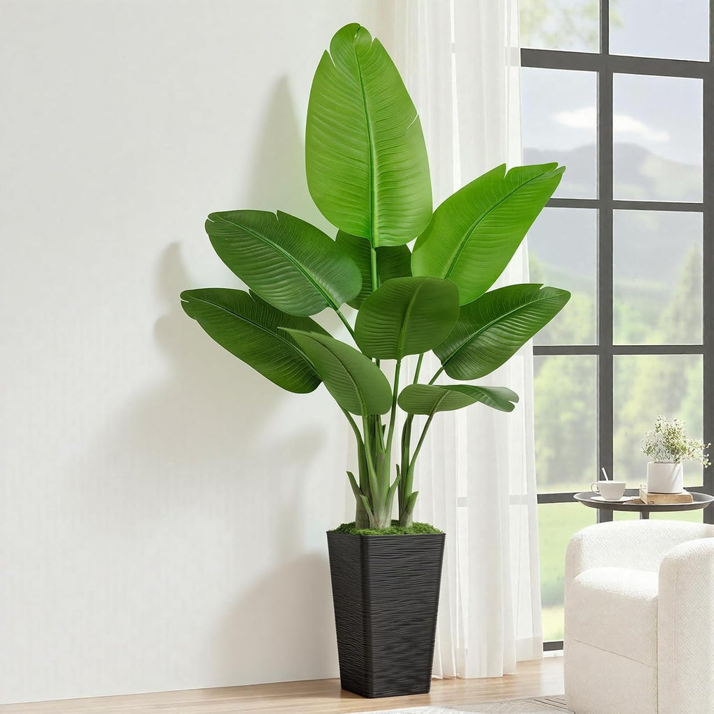 Lifelike Bird of Paradise Artificial Plant 5ft Faux Banana Leaf Tree with Black Tall Wavy-Textured Planter Decor