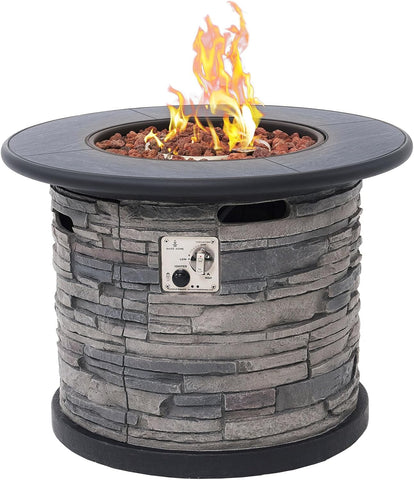 32-Inch Outdoor Porcelain Tile Gas Fire Table, 50,000 BTU Round Propane Fire Pit Table, Concrete Composite Firepit Base with Lid and Rocks