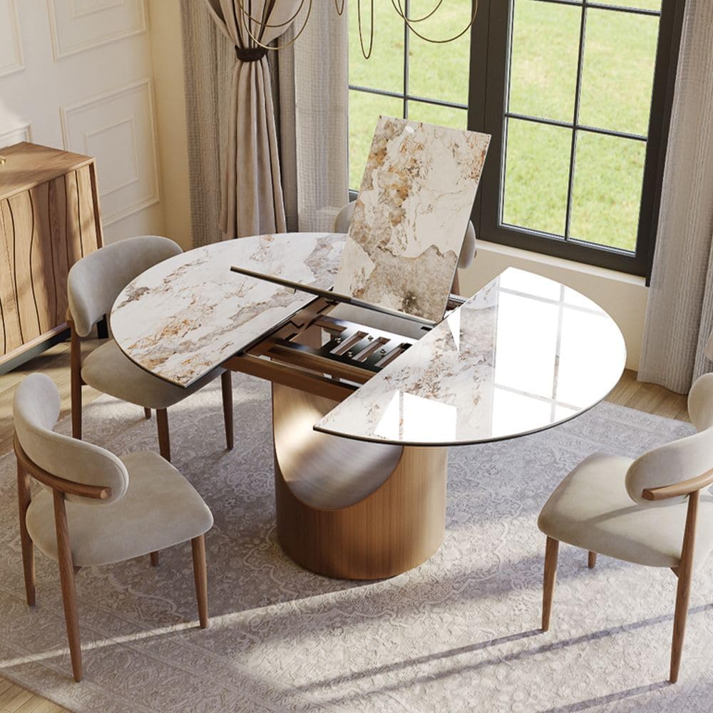 Modern Extendable Dining Table for 4-6, 47" to 63" Round to Oval Sintered Stone Kitchen Table with Carbon Steel Base