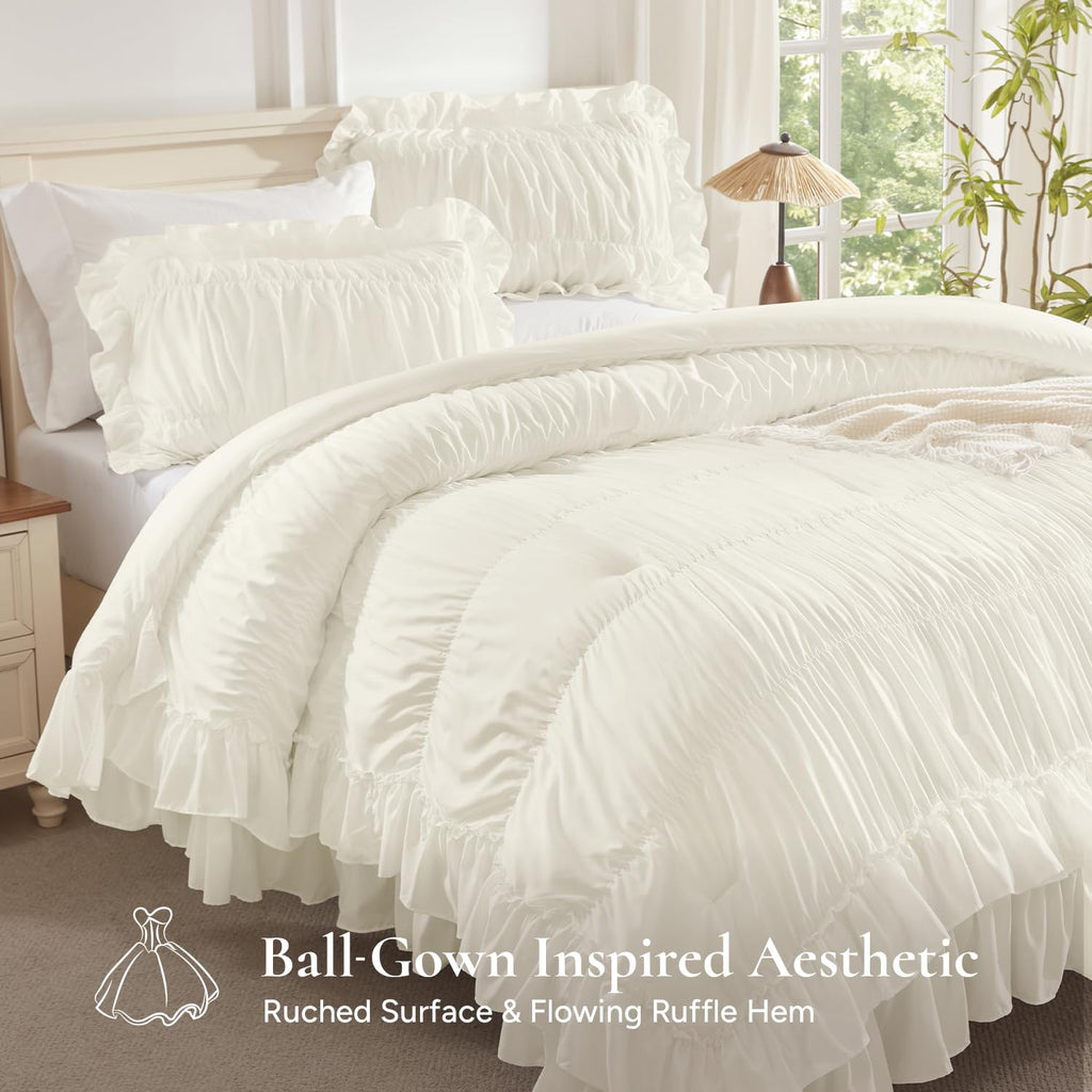 Ivory Ruffle Comforter Set, Ruched Farmhouse Bedding 3 Pieces