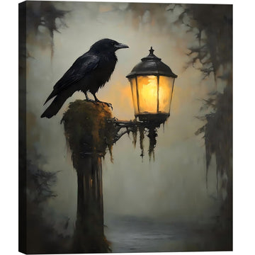 Framed Halloween Raven Canvas Wall Art Gothic Bird with Lantern Artwork, Vintage Dark Canvas Prints Wall Decor