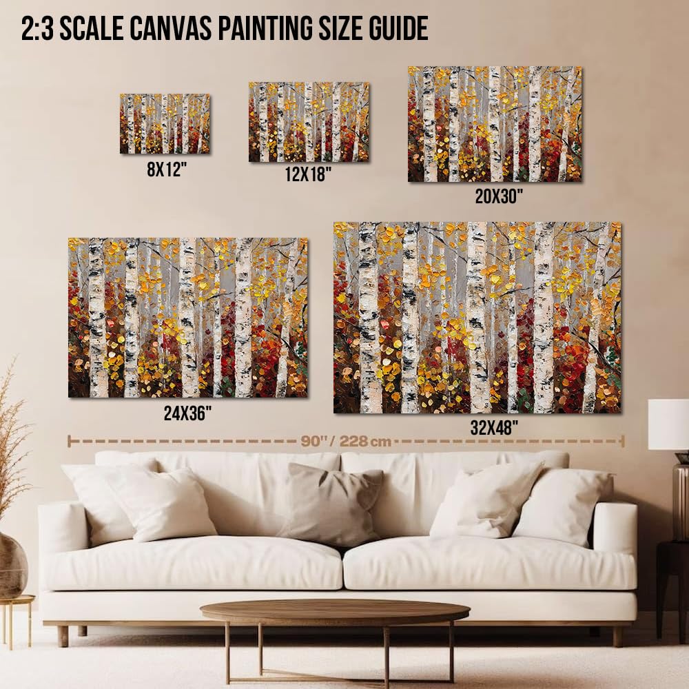 Forest Landscape Autumn Fall Wall Art Canvas, Fall Pictures Wall Decor Canvas, Textured Birch Trees With Layered