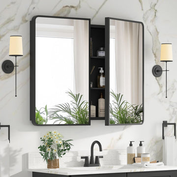 Bathroom Medicine Cabinet with Mirror 24 x 30 Inch, Black Medicine Cabinet Recessed or Surface Wall-Mounted, Mirrored