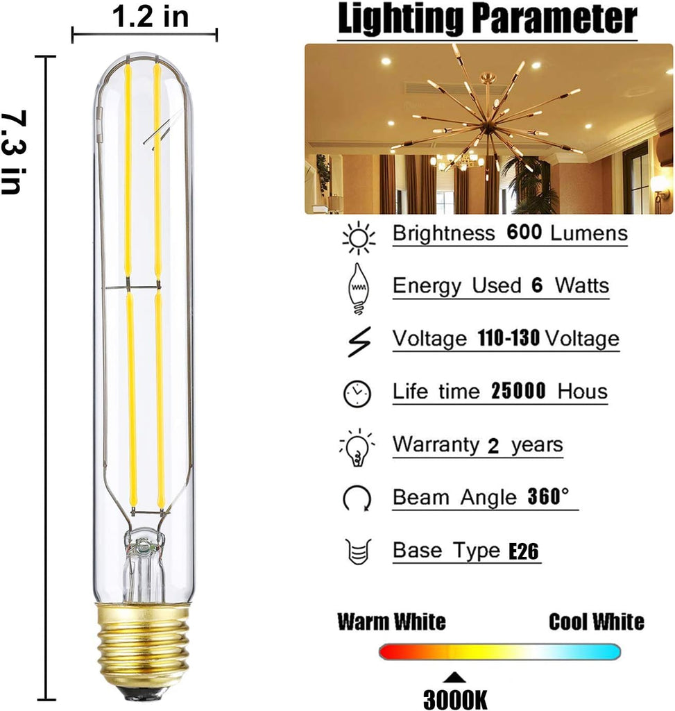 T10 Led Bulb Dimmable 6W Led E26 Tubular Bulbs Soft White 3000K 60 Watt