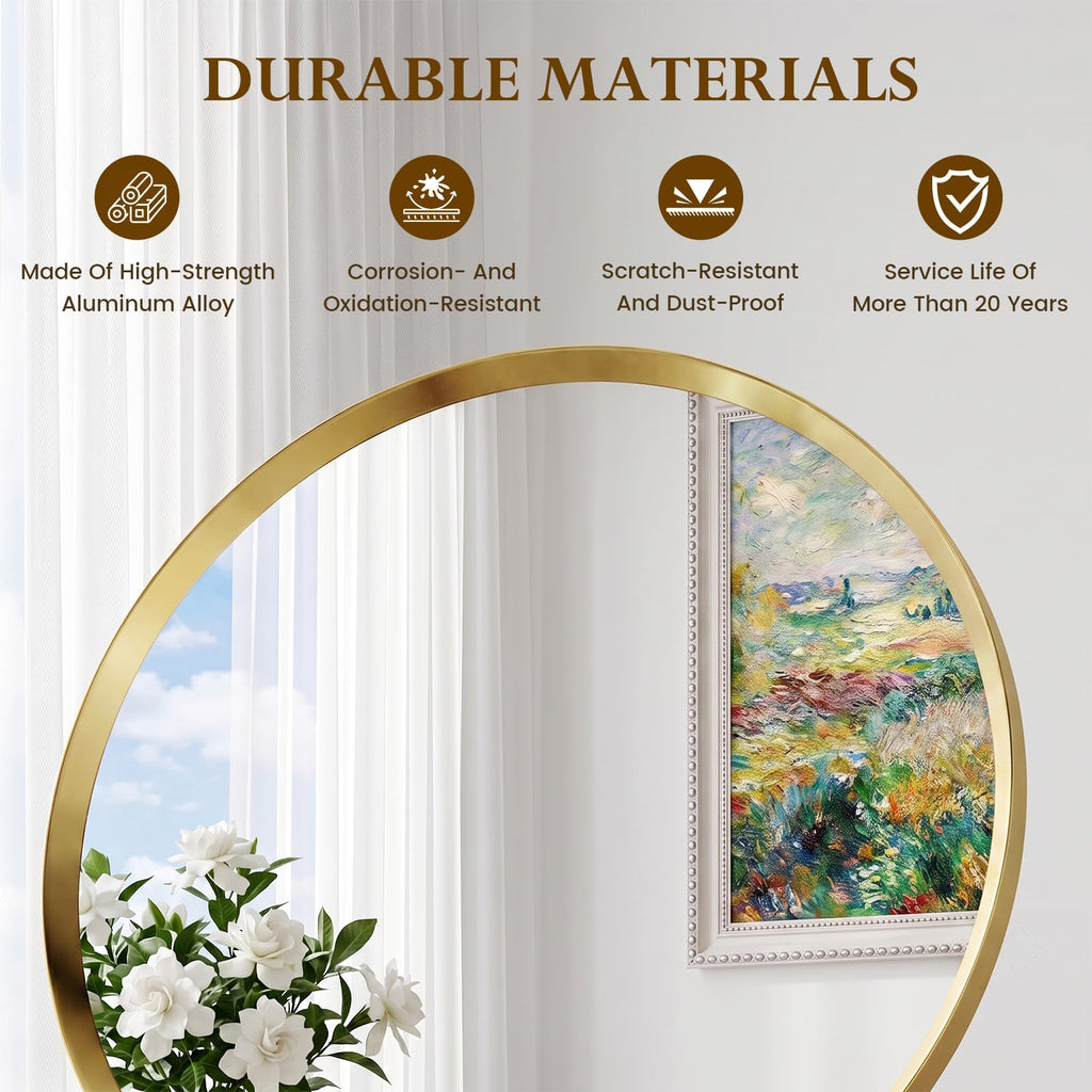 36 inch Brushed Gold Round Bathroom Mirror, Large Circle Mirror