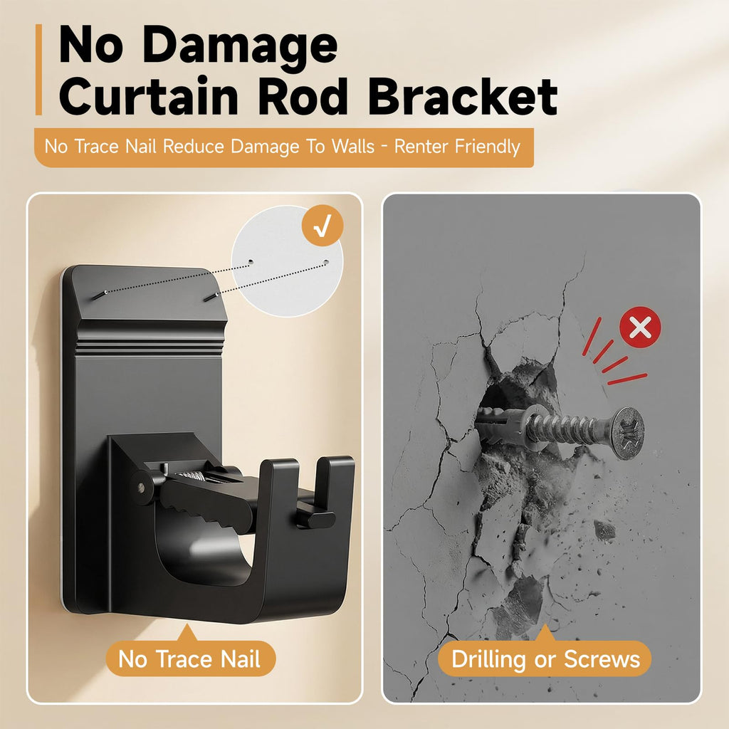 Universal Heavy Duty Curtain Rod Brackets, No Drill Curtain Rod Brackets with Adhesive & Invisible Nail, 30+LB Load
