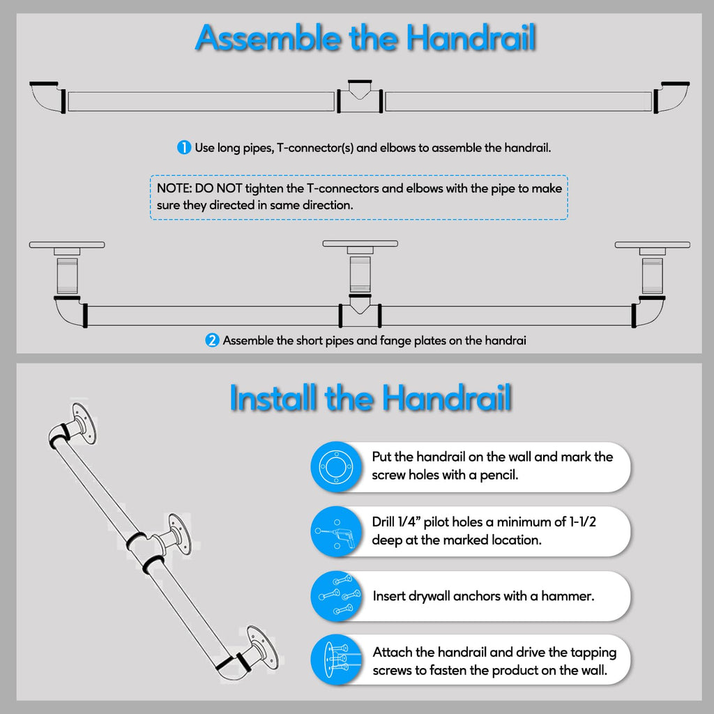 Pipe Stair Handrail, 3 Ft Metal Staircase Handrail, Black Galvanized Industrial Iron Hand Rail for Indoor & Outdoor