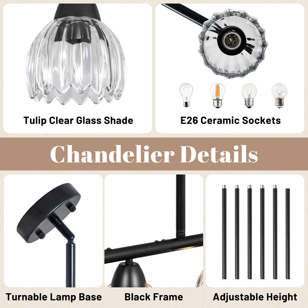 Black Linear Chandelier 6 Lights Island Lights with Clear Flower Shade