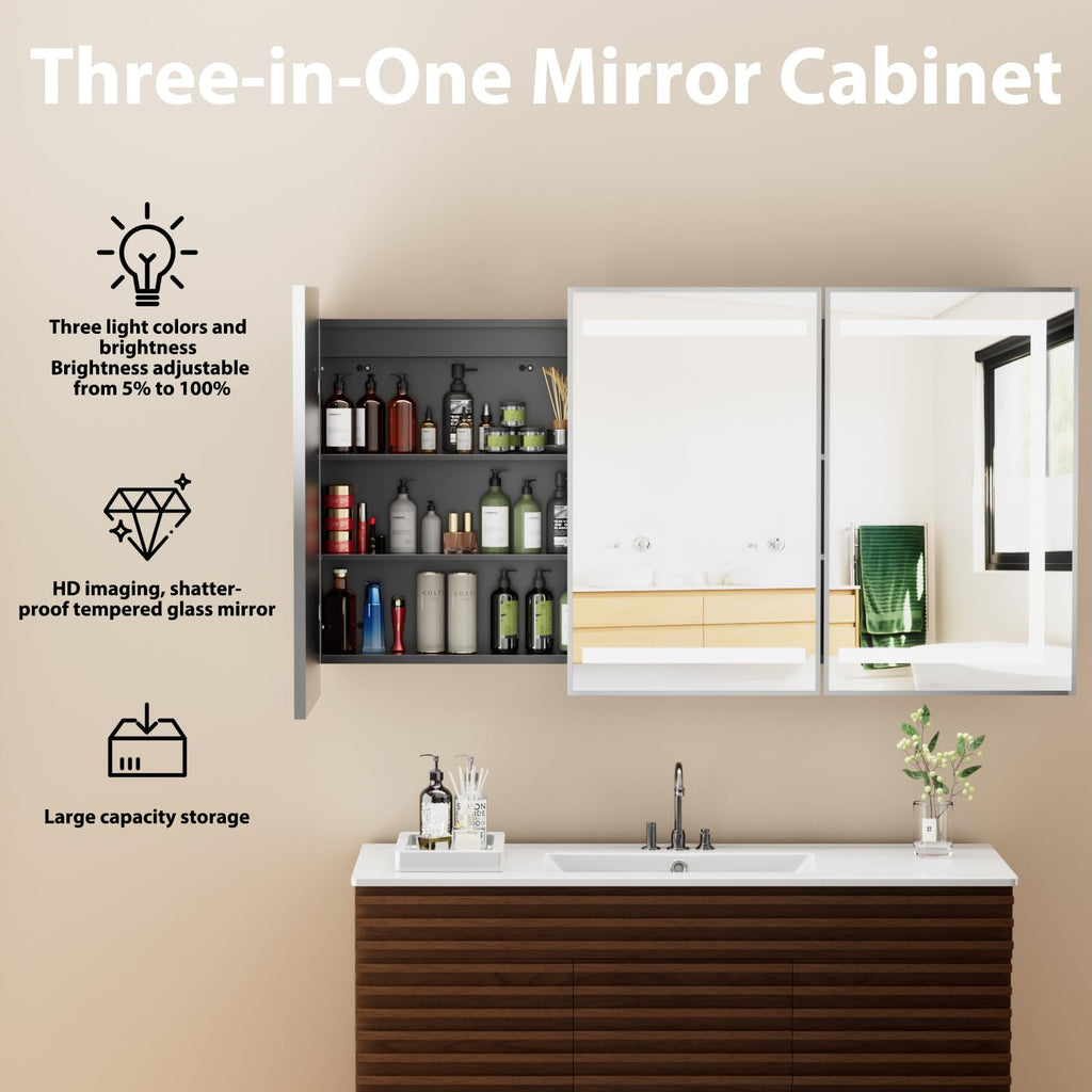 Led Medicine Cabinet with Mirror, Bathroom Vanity Mirror Cabinet with Shelves, 3-Color Lights Dimmer (Silver, 32" H x