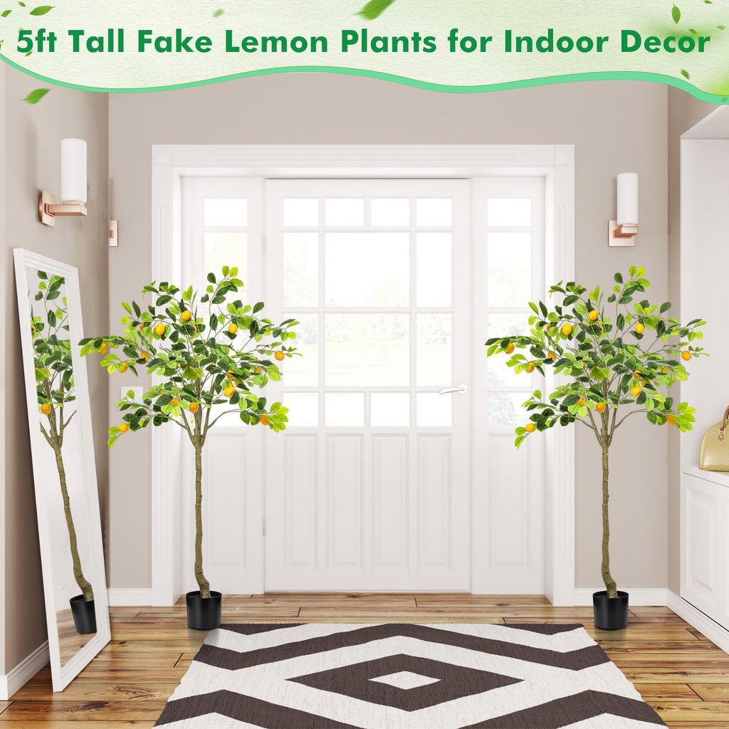 2 Pack Artificial Lemon Tree 5 ft Tall Fake Plant Pre Potted Faux Lemon Tree Realistic Fruits for Indoor Home Decor