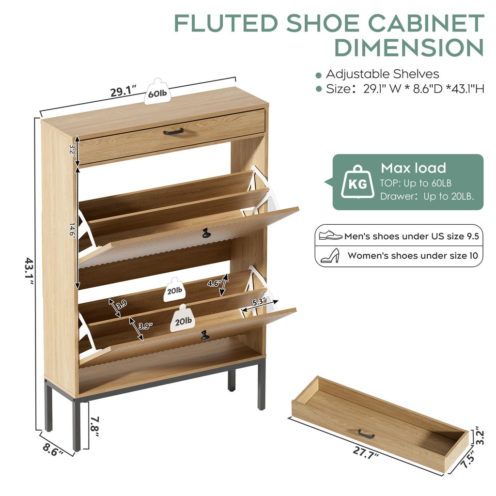 Shoe Cabinet with Fluted Panel Doors, Modern 2 Flip Drawer Entryway Shoe Organizer, Hidden Shoe Rack with Small