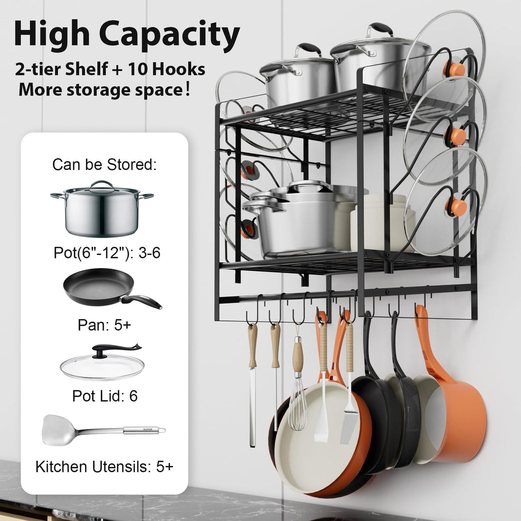 17 Inch Pot Rack Wall Mounted, 2 Tier Pots and Pans Organizer with 10 Hooks and 6 Pot Lid Holders, Heavy Duty Steel