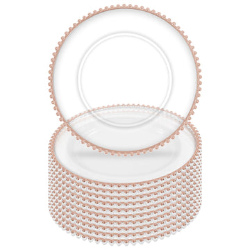 10Pcs Clear Charger Plates Bulk Wedding - 13" Premium Clear Plastic Chargers with Rose Gold Beaded Rim, Decorative