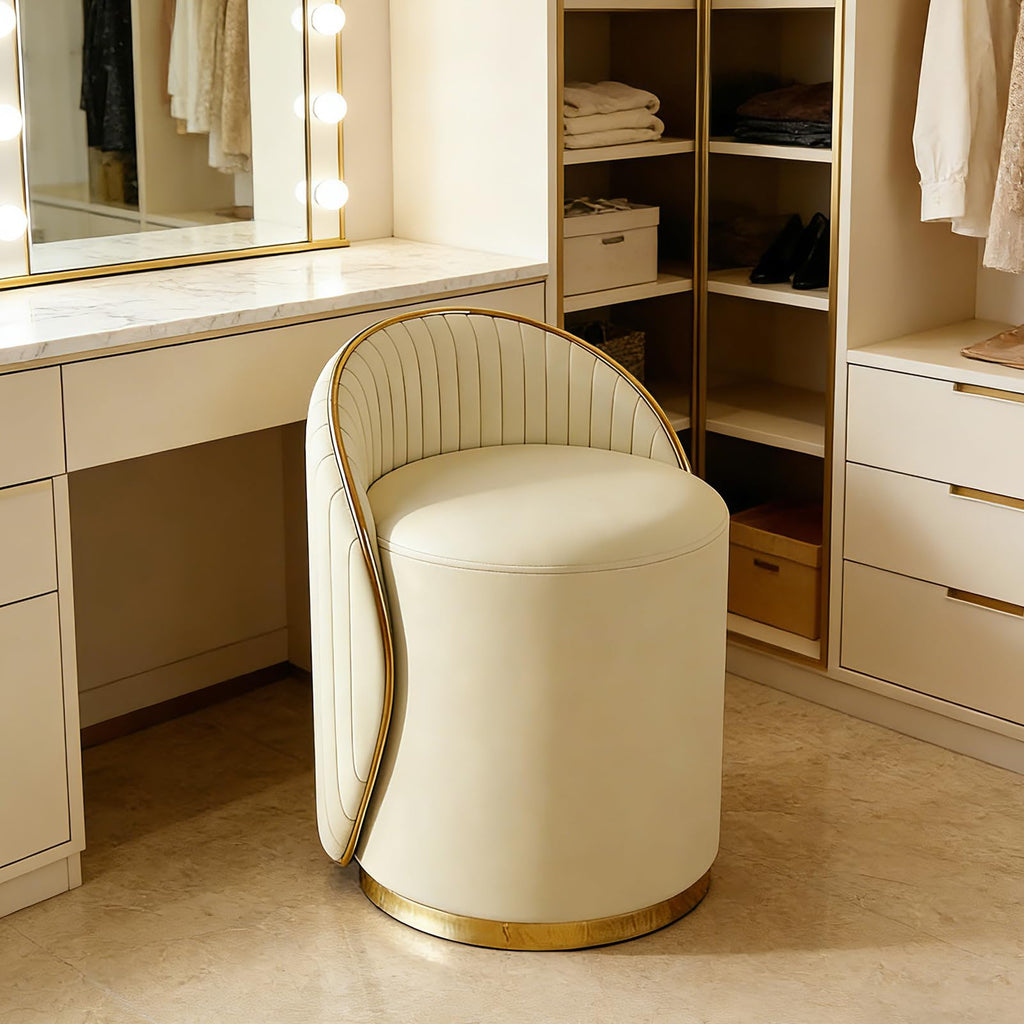 Vanity Stool with Back, 360° Swivel Vanity Chair, 400lbs Modern Round Leather Makeup Stool, Ottoman Chair, Dressing