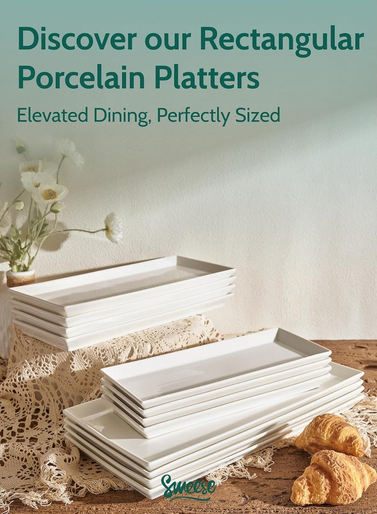 White Serving Platters, Porcelain Serving Trays for Parties, Large Rectangular Plates - 15.5 Inch, Set of 4